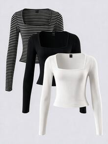 SHEIN BASICS 3件組女款開學季教師小學畢業主題T恤 黑白配色 秋季休閒條紋 日常生日辦公穿搭 - 彩色 - 查看 13