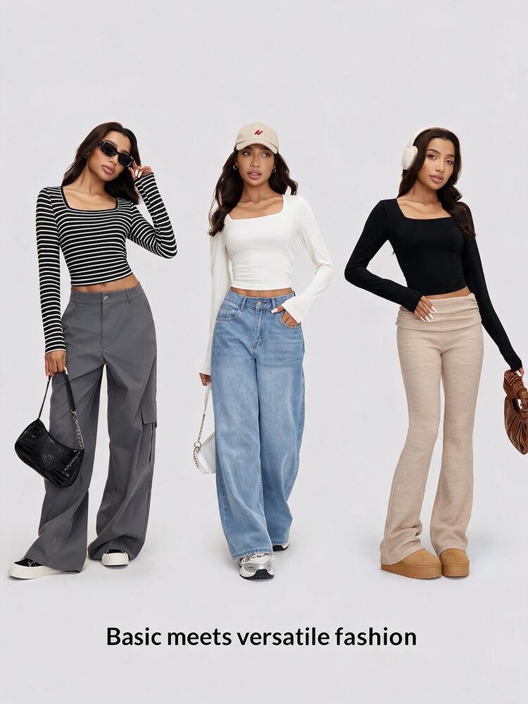 SHEIN BASICS 3PCS Women T-Shirts Back-To-School School Teacher Elementary Graduation Black And White Black White Autumn Casual Striped Everyday Birthday Office - Multicolor - View 2