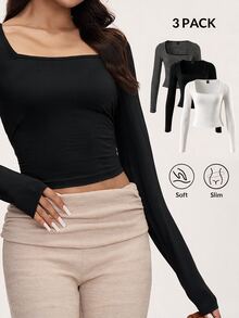 SHEIN BASICS 3件組女款開學季教師小學畢業主題T恤 黑白配色 秋季休閒條紋 日常生日辦公穿搭 - 彩色 - 查看 5