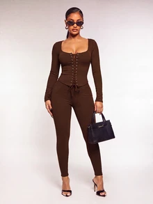 Radiana Solid Square Neck Lace Up Front Tee & Leggings Set - Brown - View 4
