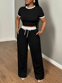 SHEIN SXY 女士夏季性感拼色圆领短袖T恤和高腰系带长裤两件套 - 彩色 - 查看 6