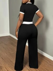 SHEIN SXY 女士夏季性感拼色圆领短袖T恤和高腰系带长裤两件套 - 彩色 - 查看 2