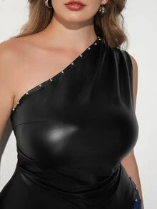 Maija Plus Size Summer Fashion Beaded One Shoulder Tank Top - Black - View 5