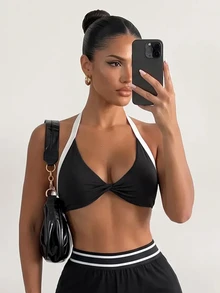 Dewbera Dewbera Contrast Binding Twist Front Sports Bra Gym Black And White Summer Sporty Athletic - Black and White - View 5