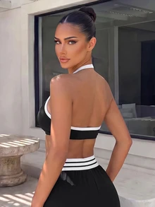 Dewbera Dewbera Contrast Binding Twist Front Sports Bra Gym Black And White Summer Sporty Athletic - Black and White - View 4