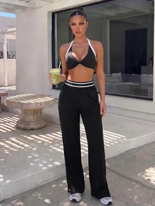 Dewbera Dewbera Contrast Binding Twist Front Sports Bra Gym Black And White Summer Sporty Athletic - Black and White - View 3