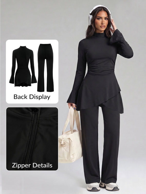 SHEIN Sports طقم رياضي نسائي بأسلوب الشرق الأوسط من قطعتين بلون موحد مع بنطال طويل بحافة غير متماثلة وقميص بأكمام طويلة