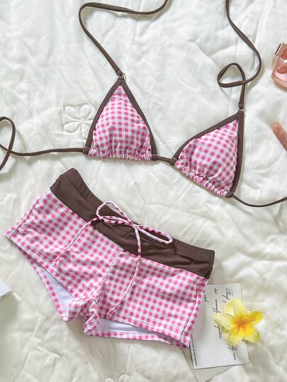 Swim Mod Women Cute Gingham Print Bikini Set With Gym Short,White Brown Beachwear Swimpants,Summer Holiday Pool Party Vacation Outfit Swimwear For Woman