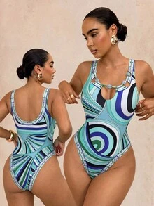 SHEIN Glamour Women One-Pieces Beach Party Light Blue Tropical 70s - Multicolor - View 3