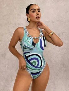 SHEIN Glamour Women One-Pieces Beach Party Light Blue Tropical 70s - Multicolor - View 6