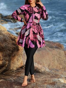 Swim Mulvari Plus Size Women Tropical Print Long Sleeve Half Zip Front Swimwear Top - Multicolor - View 5