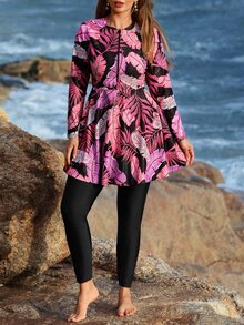Swim Mulvari Plus Size Women Tropical Print Long Sleeve Half Zip Front Swimwear Top - Multicolor - View 3