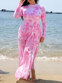 Swim Shayni Plus Size Women Floral Print Ruffle Long Sleeve One-Piece Swimsuit And Skirt Bikini Set, Suitable For Beach Vacation, Pool Party, Beach Party Summer - Multicolor - View 4