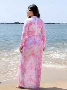 Swim Shayni Plus Size Women Floral Print Ruffle Long Sleeve One-Piece Swimsuit And Skirt Bikini Set, Suitable For Beach Vacation, Pool Party, Beach Party Summer - Multicolor - View 2