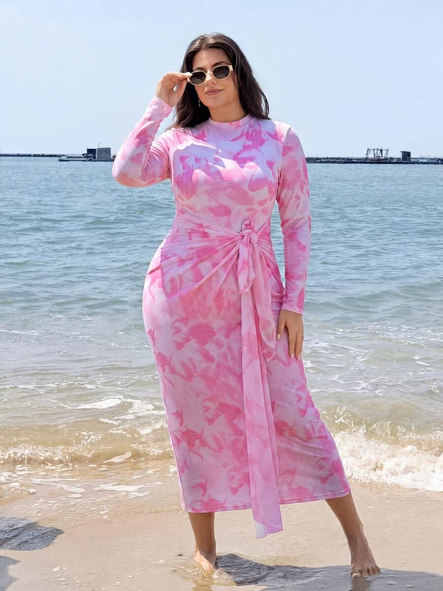 Swim Shayni Plus Size Women Floral Print Ruffle Long Sleeve One-Piece Swimsuit And Skirt Bikini Set, Suitable For Beach Vacation, Pool Party, Beach Party Summer - Multicolor - View 1