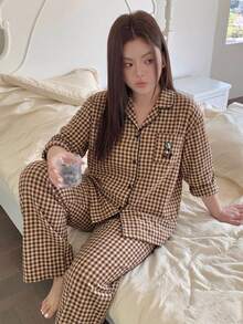 Dazy Plus 格紋寬鬆睡衣套裝，家居休閒服，四季秋季適用 - 卡其色 - 查看 5