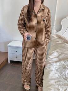 Dazy Plus 格紋寬鬆睡衣套裝，家居休閒服，四季秋季適用 - 卡其色 - 查看 2