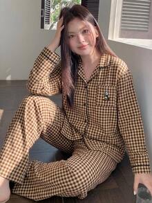 Dazy Plus 格紋寬鬆睡衣套裝，家居休閒服，四季秋季適用 - 卡其色 - 查看 1