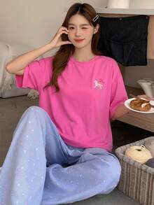DAZY 可愛小木馬圖案印花上衣與格紋彩色波點睡褲家居服套裝 - 藕粉色 - 查看 4