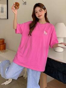 DAZY 可愛小木馬圖案印花上衣與格紋彩色波點睡褲家居服套裝 - 藕粉色 - 查看 6