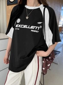 DAZY Women Round Neck Short Sleeve T-Shirt With Patchwork Design Summer Oversized T-Shirt,Graphic Tees Preppy Tops Cute Tops - Black - View 6