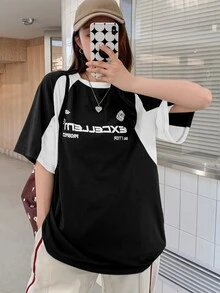 DAZY Women Round Neck Short Sleeve T-Shirt With Patchwork Design Summer Oversized T-Shirt,Graphic Tees Preppy Tops Cute Tops - Black - View 2