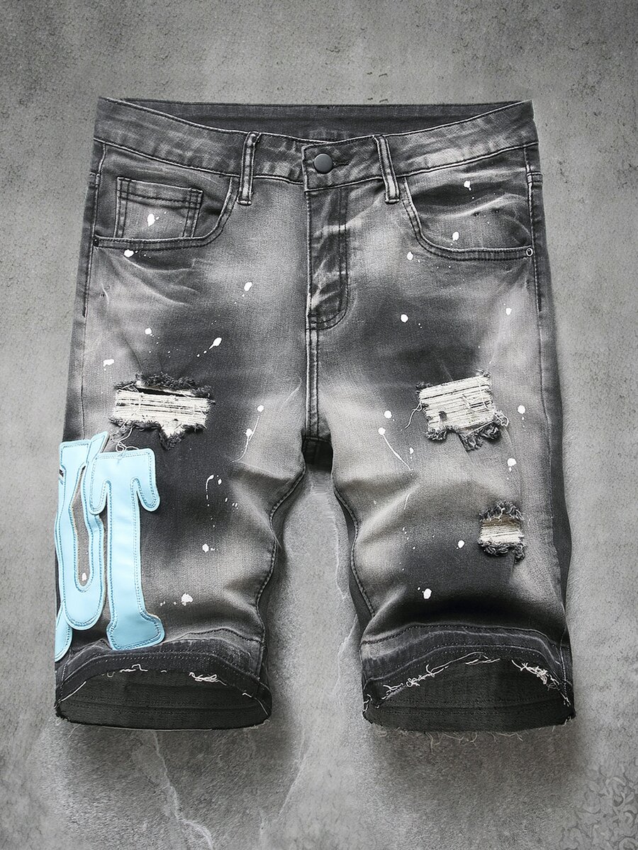 Manfinity EMRG Men's Letter Patchwork Distressed Denim Shorts - Black - View 1