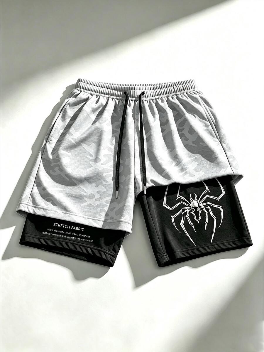Sport MetroGents 男士抽繩腰蜘蛛圖案休閒百搭雙層運動短褲 - 灰色 - 查看 1
