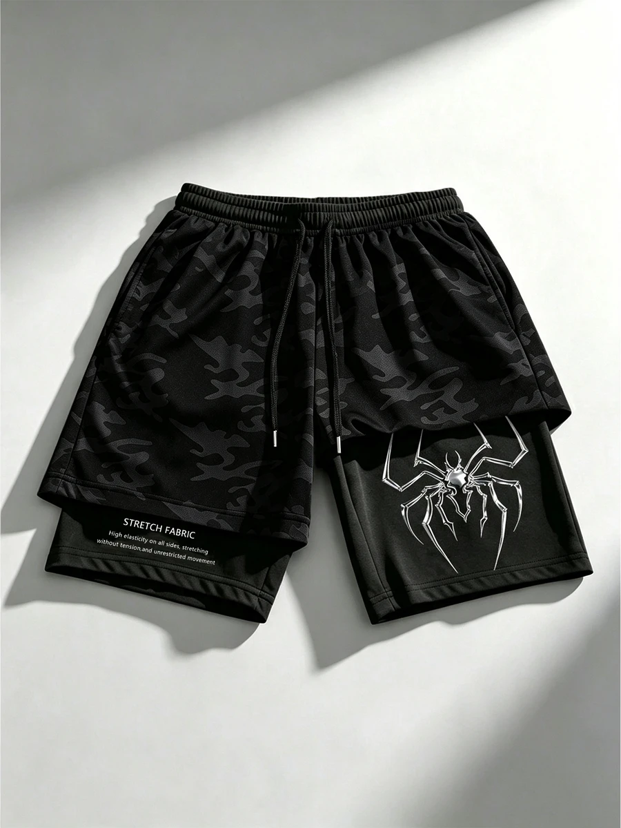 Gym Rark Quần short thể thao nam 2 lớp, eo rút dây, họa tiết nhện, phong cách thường ngày đa năng - màu đen - Xem 1