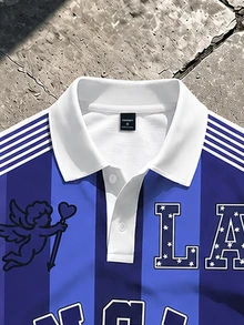 Manfinity Homme 街頭風拼色條紋字母設計男士休閒翻領短袖 Polo 衫 美式學院風拼接條紋字母印花短袖上衣 - 藍色 - 查看 4