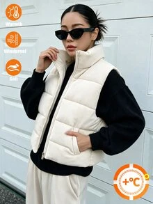 SHEIN 女款深藍色加厚短版棉服外套，長袖抓絨，秋季衣物，秋冬立領拉鍊不對稱漸層短款棉衣 - 杏色 - 查看 5