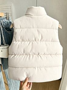 SHEIN 女款深藍色加厚短版棉服外套，長袖抓絨，秋季衣物，秋冬立領拉鍊不對稱漸層短款棉衣 - 杏色 - 查看 2
