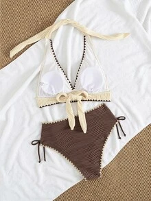 Swim Lushoire 2pcs Women Sexy Textured Contrast Color Bikini Swimwear Set For Summer Beach Vacation - Multicolor - View 4