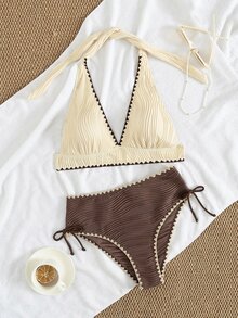 Swim Lushoire 2pcs Women Sexy Textured Contrast Color Bikini Swimwear Set For Summer Beach Vacation - Multicolor - View 3