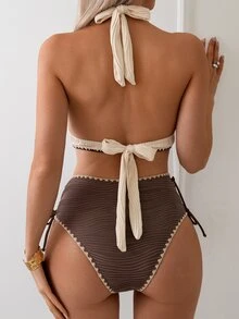 Swim Lushoire 2pcs Women Sexy Textured Contrast Color Bikini Swimwear Set For Summer Beach Vacation - Multicolor - View 2