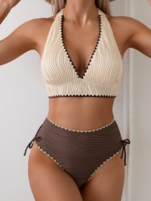 Swim Lushoire 2pcs Women Sexy Textured Contrast Color Bikini Swimwear Set For Summer Beach Vacation - Multicolor - View 1