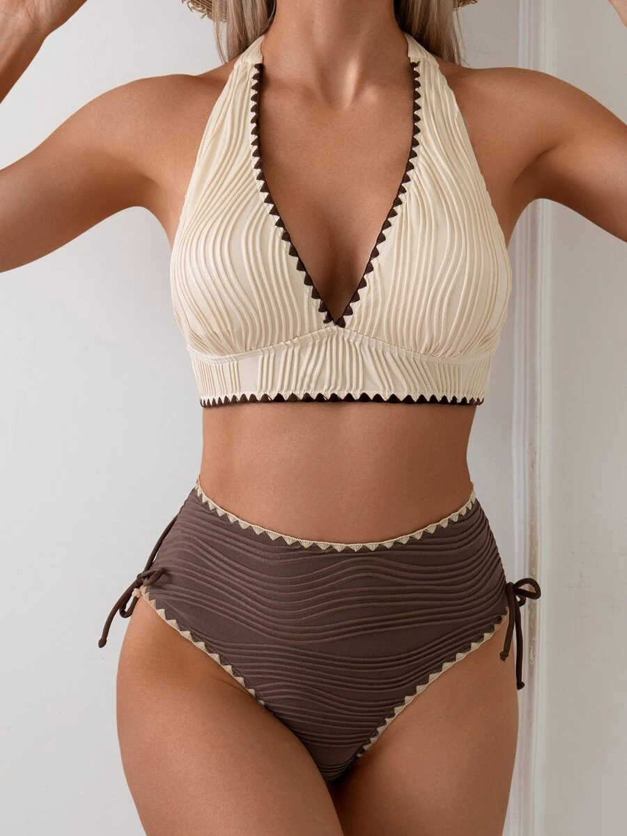 Swim Lushoire 2pcs Women Sexy Textured Contrast Color Bikini Swimwear Set For Summer Beach Vacation - Multicolor - View 1