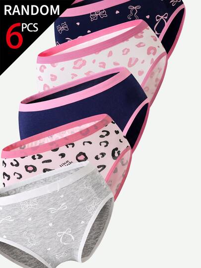 [6 Random Piece ]Tween Girls Cotton Panties, Soft All-Season Basic Briefs With Leopard Bow Print And Contrast Waistband Autumn Fall