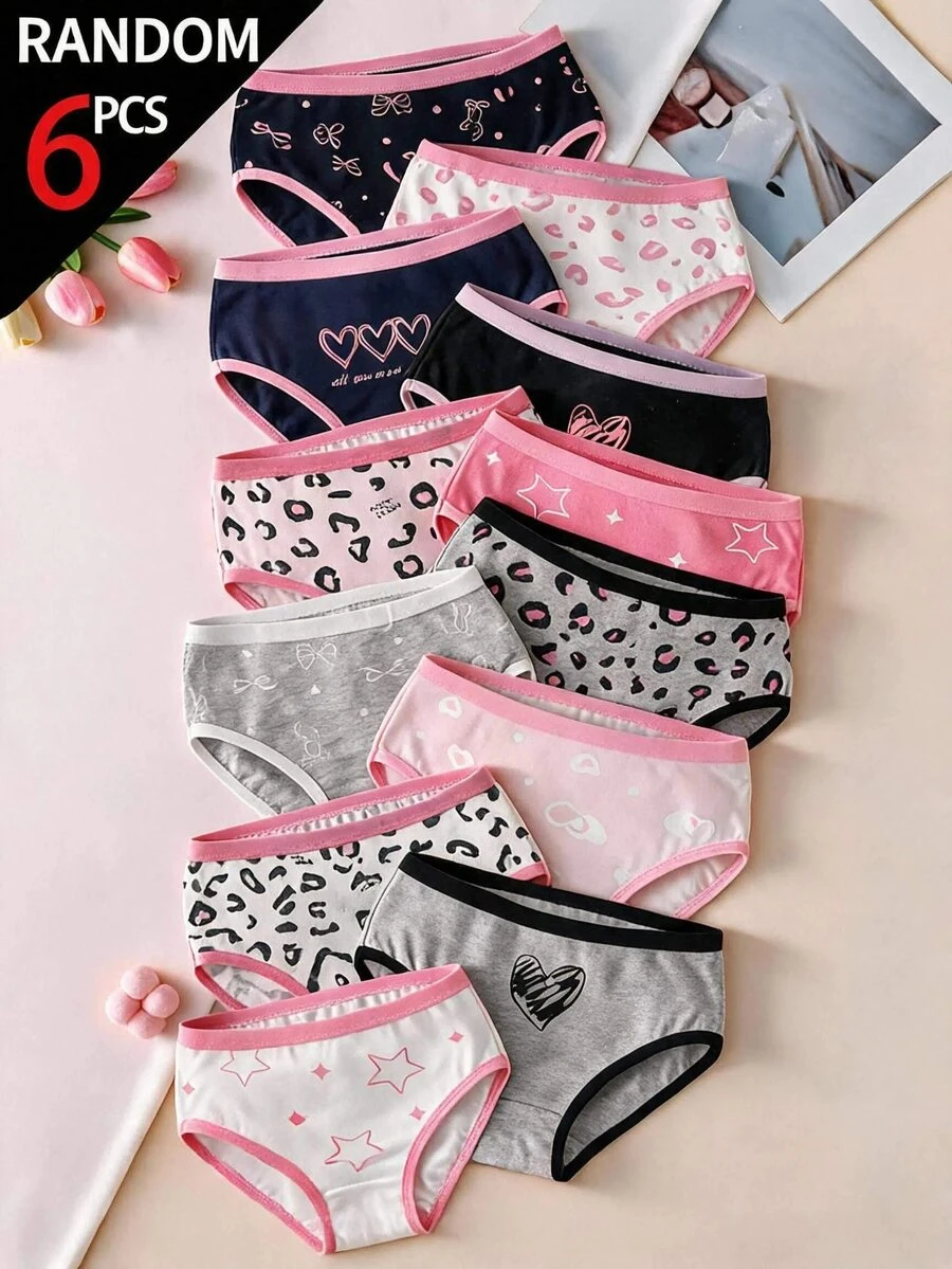 [6 Random Piece ]Tween Girls Cotton Panties, Soft All-Season Basic Briefs With Leopard Bow Print And Contrast Waistband Autumn Fall - Multicolor - View 1