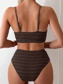 Swim Basics Women's Textured Spaghetti Straps Bikini Set, Ideal For Summer Beach Vacation - Brown - View 2