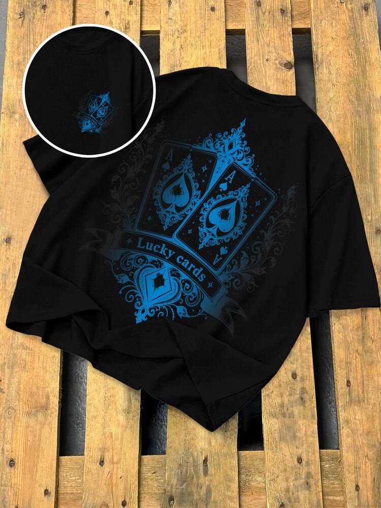 Manfinity Roughcore Men's Lucky Playing Card Graphic T-Shirt, Black Crew Neck Short Sleeve Tee With Front & Back Print For Streetwear And Daily Wear - Black - View 6