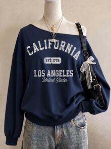 Sundraya Women's Letter Print Asymmetrical Shoulder Long Sleeve Casual Sweatshirt - Navy Blue - View 4