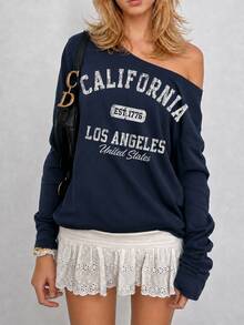 Sundraya Women's Letter Print Asymmetrical Shoulder Long Sleeve Casual Sweatshirt - Navy Blue - View 1