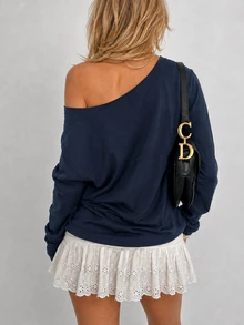 Sundraya Women's Letter Print Asymmetrical Shoulder Long Sleeve Casual Sweatshirt - Navy Blue - View 2