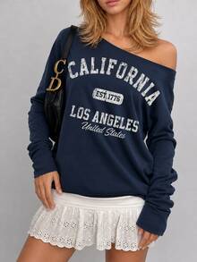 Sundraya Women's Letter Print Asymmetrical Shoulder Long Sleeve Casual Sweatshirt - Navy Blue - View 3