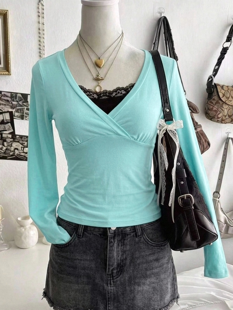 SHEIN Sparklyn 1pc Tween Girls V-Neck Long Sleeve Slim Fit T-Shirt, Simple Solid Color, Casual Everyday Top, Autumn - Green - View 1