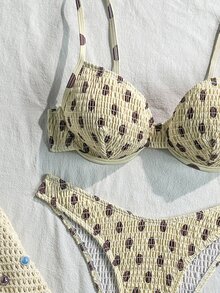 SHEIN Swim 女款波點印花比基尼泳衣，隨機印花圖案，適用於海灘與度假 - 黃色 - 查看 5