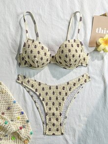 SHEIN Swim 女款波點印花比基尼泳衣，隨機印花圖案，適用於海灘與度假 - 黃色 - 查看 3