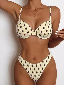 SHEIN Swim 女款波點印花比基尼泳衣，隨機印花圖案，適用於海灘與度假 - 黃色 - 查看 2