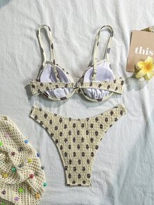 SHEIN Swim 女款波點印花比基尼泳衣，隨機印花圖案，適用於海灘與度假 - 黃色 - 查看 4
